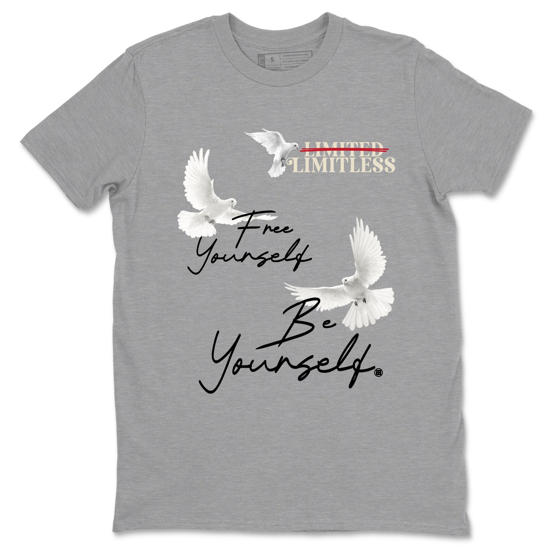 Sneaker Threads – Sneaker Tees To Match Air Foamposite One Pearl – Free Yourself Be Yourself Graphic Tee Heather Grey 2. Perfect for Jordan releases 2025 colorways.