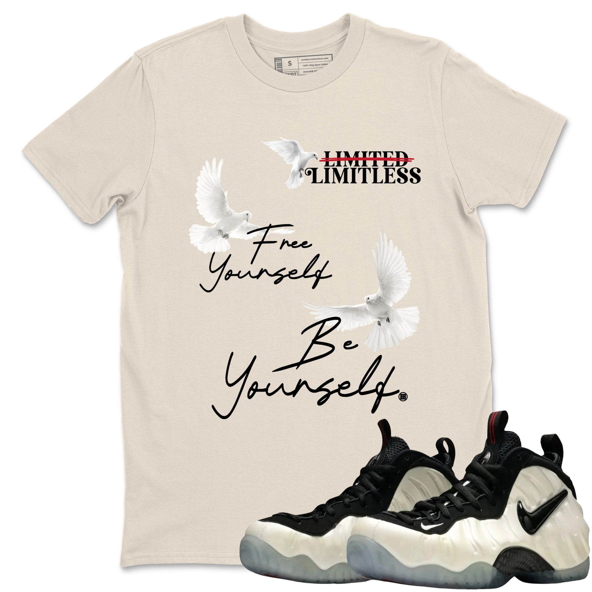 Sneaker Threads – Sneaker Tees To Match Air Foamposite One Pearl – Free Yourself Be Yourself Graphic Tee Natural 1. Perfect for Jordan releases 2025 colorways.