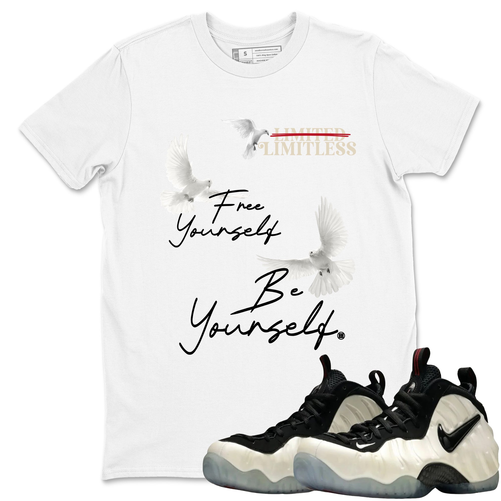 Sneaker Threads – Sneaker Tees To Match Air Foamposite One Pearl – Free Yourself Be Yourself Graphic Tee White 1. Perfect for Jordan releases 2025 colorways.