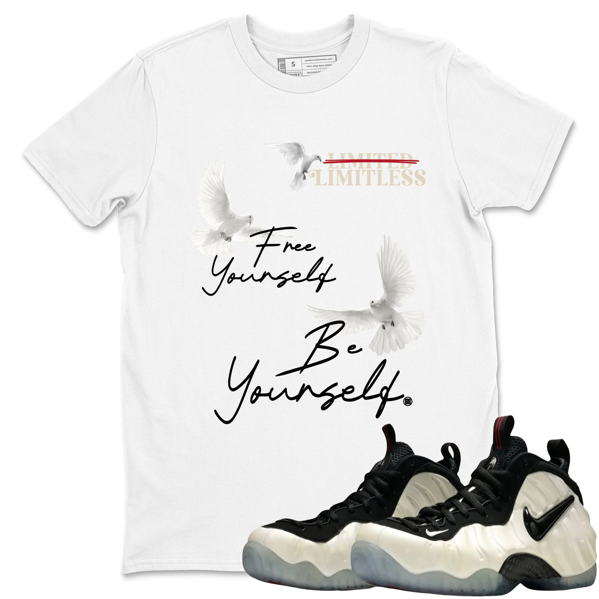 Sneaker Threads – Sneaker Tees To Match Air Foamposite One Pearl – Free Yourself Be Yourself Graphic Tee White 1. Perfect for Jordan releases 2025 colorways.