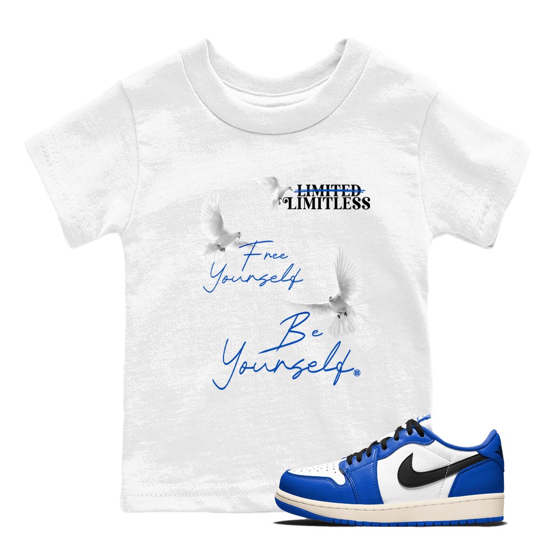 1s Game Royal shirts to match jordans Free Yourself Be Yourself sneaker match tees Air Jordan 1 Game Royal match shoes to clothes SNRT Sneaker Tees Youth Baby White 1 tee