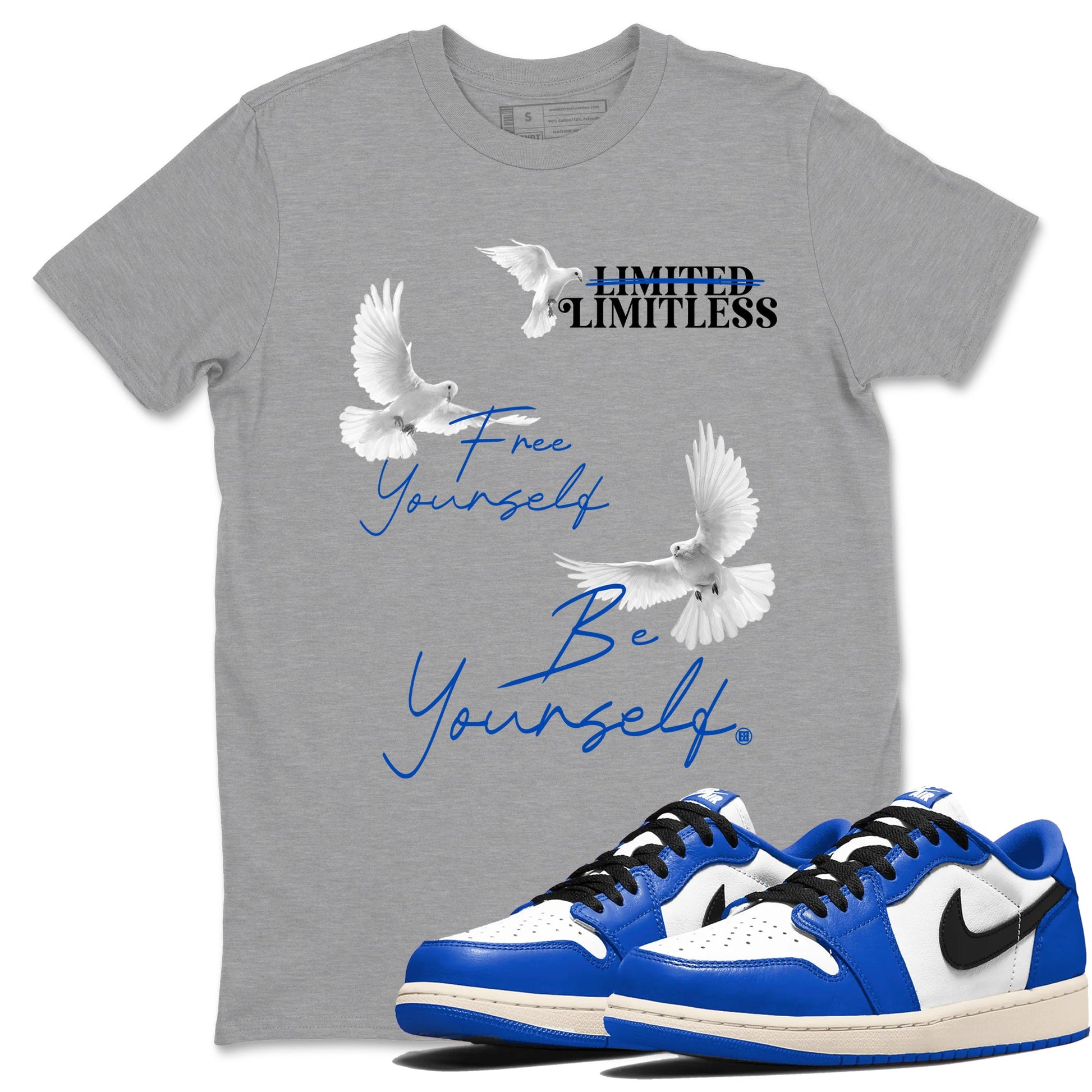 1s Game Royal shirts to match jordans Free Yourself Be Yourself sneaker match tees Air Jordan 1 Game Royal match shoes to clothes SNRT Sneaker Tees unisex cotton Heather Grey 1 shirts
