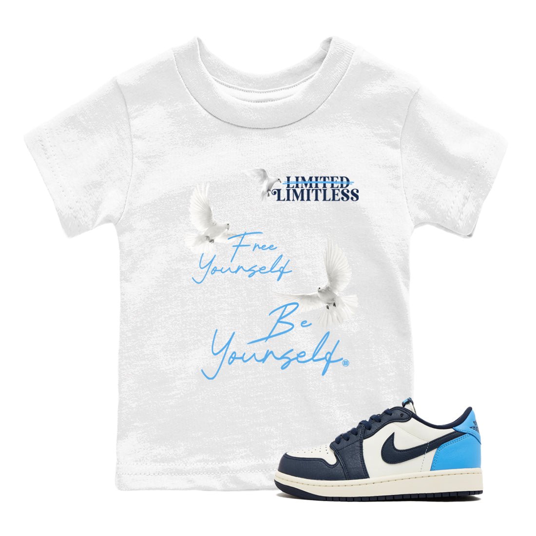 1s Obsidian shirts to match jordans Free Yourself Be Yourself shirts to match Jordans Air Jordan 1 Obsidian match shoes to clothes SNRT Sneaker Tees Youth Baby White 1 tee