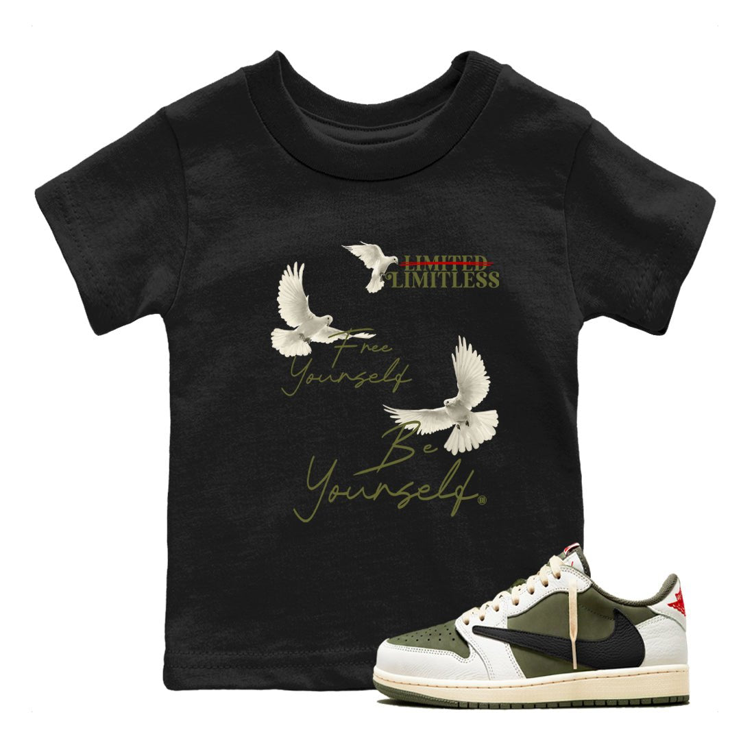 Jordan 1 Olive t shirts to match sneakers Free Yourself Be Yourself sneaker match tees Air Jordan 1 Low x Travis Scott Reverse Olive tee SNRT Sneaker Tees Youth Baby Black 1 tee