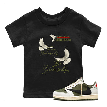 Jordan 1 Olive t shirts to match sneakers Free Yourself Be Yourself sneaker match tees Air Jordan 1 Low x Travis Scott Reverse Olive tee SNRT Sneaker Tees Youth Baby Black 1 tee