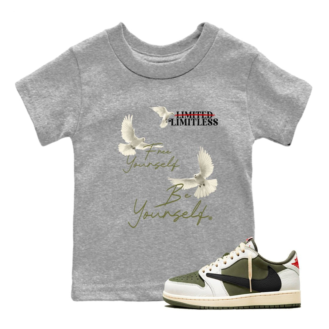 Jordan 1 Olive t shirts to match sneakers Free Yourself Be Yourself sneaker match tees Air Jordan 1 Low x Travis Scott Reverse Olive tee SNRT Sneaker Tees Youth Baby Heather Grey 1 tee