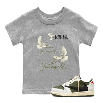 Jordan 1 Olive t shirts to match sneakers Free Yourself Be Yourself sneaker match tees Air Jordan 1 Low x Travis Scott Reverse Olive tee SNRT Sneaker Tees Youth Baby Heather Grey 1 tee