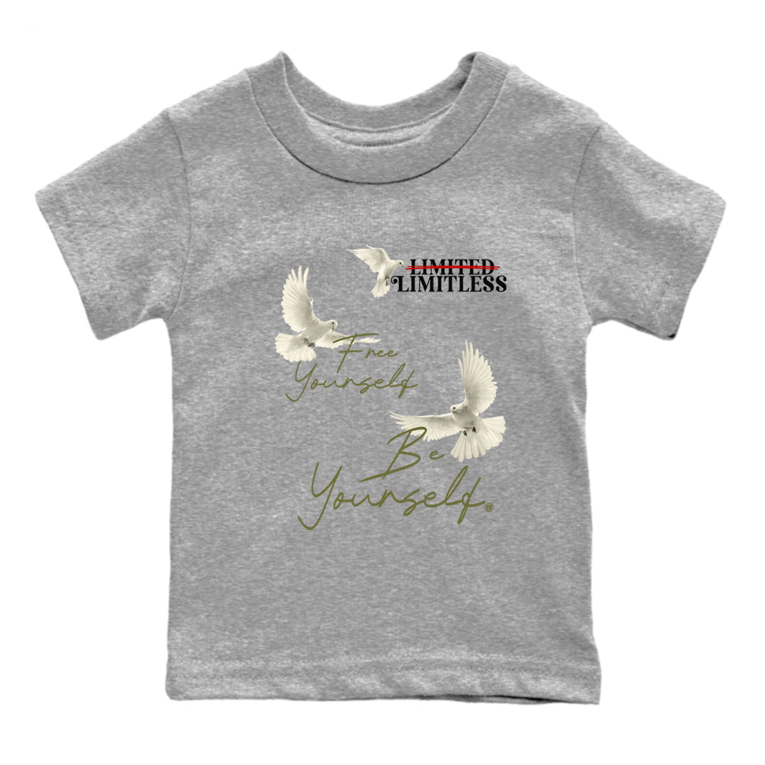 Jordan 1 Olive t shirts to match sneakers Free Yourself Be Yourself sneaker match tees Air Jordan 1 Low x Travis Scott Reverse Olive tee SNRT Sneaker Tees Youth Baby Heather Grey 2 tee