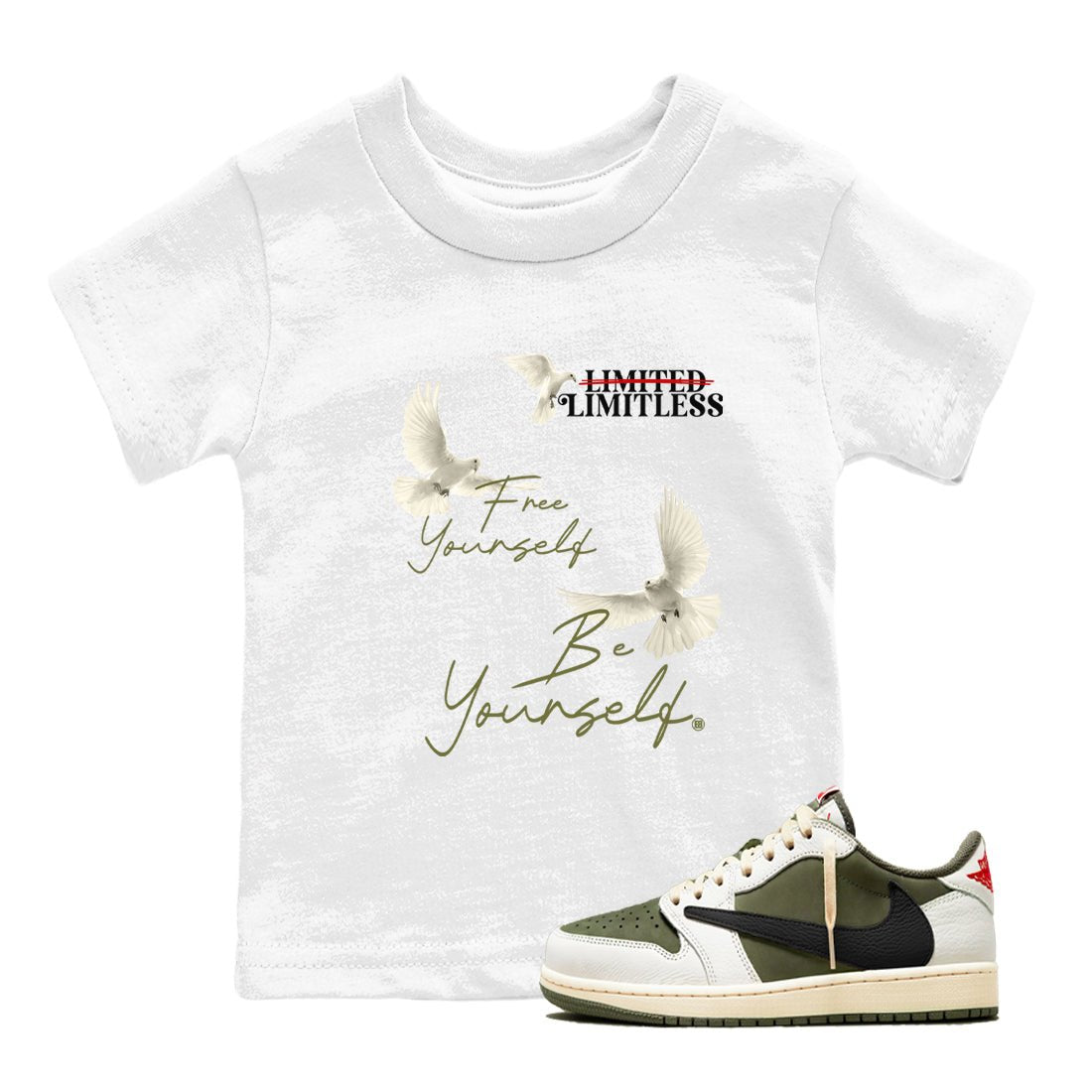 Jordan 1 Olive t shirts to match sneakers Free Yourself Be Yourself sneaker match tees Air Jordan 1 Low x Travis Scott Reverse Olive tee SNRT Sneaker Tees Youth Baby White 1 tee