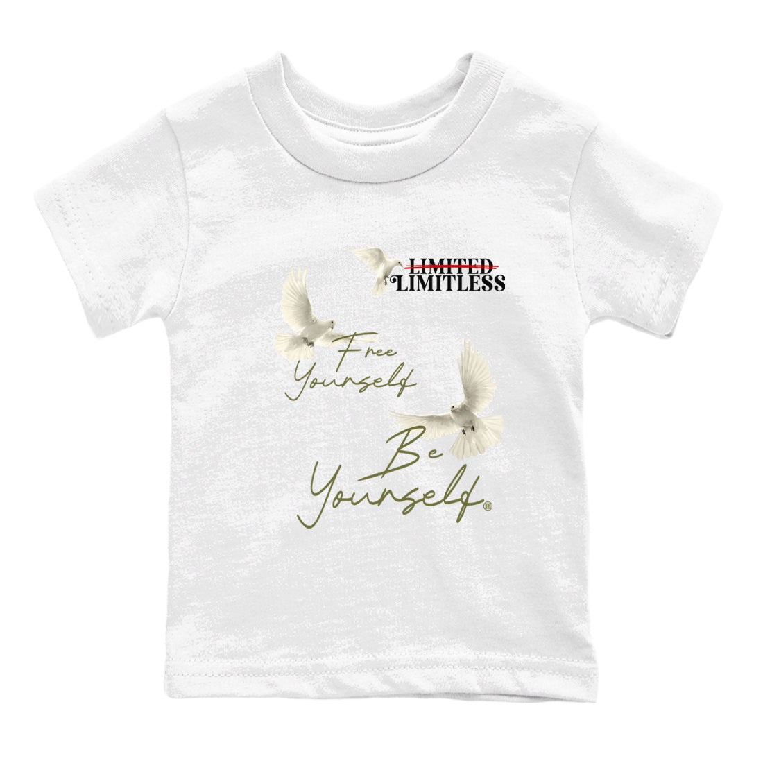 Jordan 1 Olive t shirts to match sneakers Free Yourself Be Yourself sneaker match tees Air Jordan 1 Low x Travis Scott Reverse Olive tee SNRT Sneaker Tees Youth Baby White 2 tee