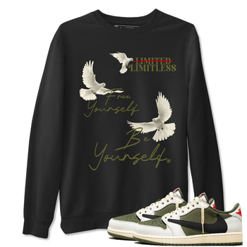 Jordan 1 Olive t shirts to match sneakers Free Yourself Be Yourself sneaker match tees Air Jordan 1 Low x Travis Scott Reverse Olive tee SNRT Sneaker Tees unisex cotton Black 1 shirts