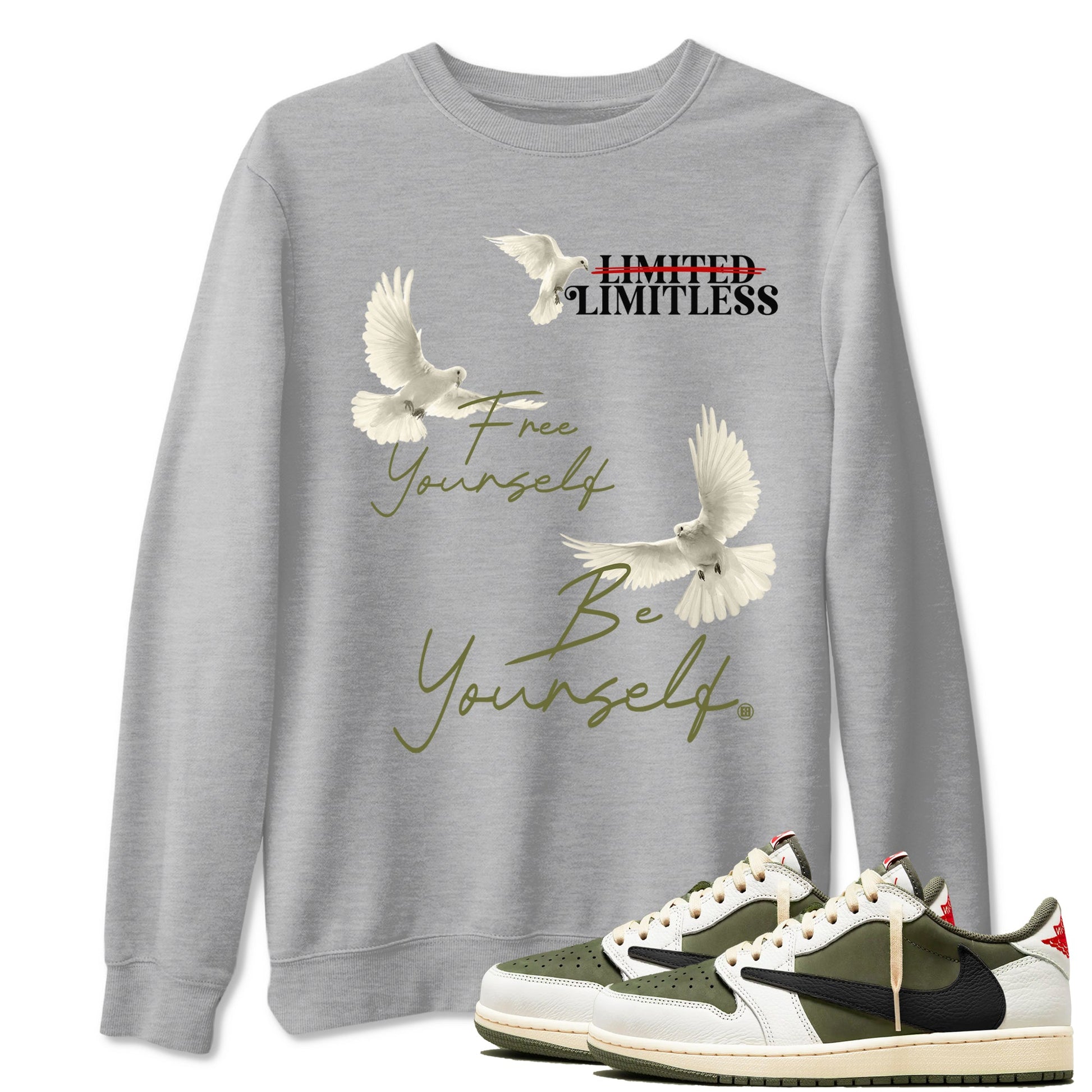 Jordan 1 Olive t shirts to match sneakers Free Yourself Be Yourself sneaker match tees Air Jordan 1 Low x Travis Scott Reverse Olive tee SNRT Sneaker Tees unisex cotton Heather Grey 1 shirts