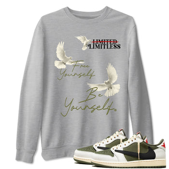 Jordan 1 Olive t shirts to match sneakers Free Yourself Be Yourself sneaker match tees Air Jordan 1 Low x Travis Scott Reverse Olive tee SNRT Sneaker Tees unisex cotton Heather Grey 1 shirts