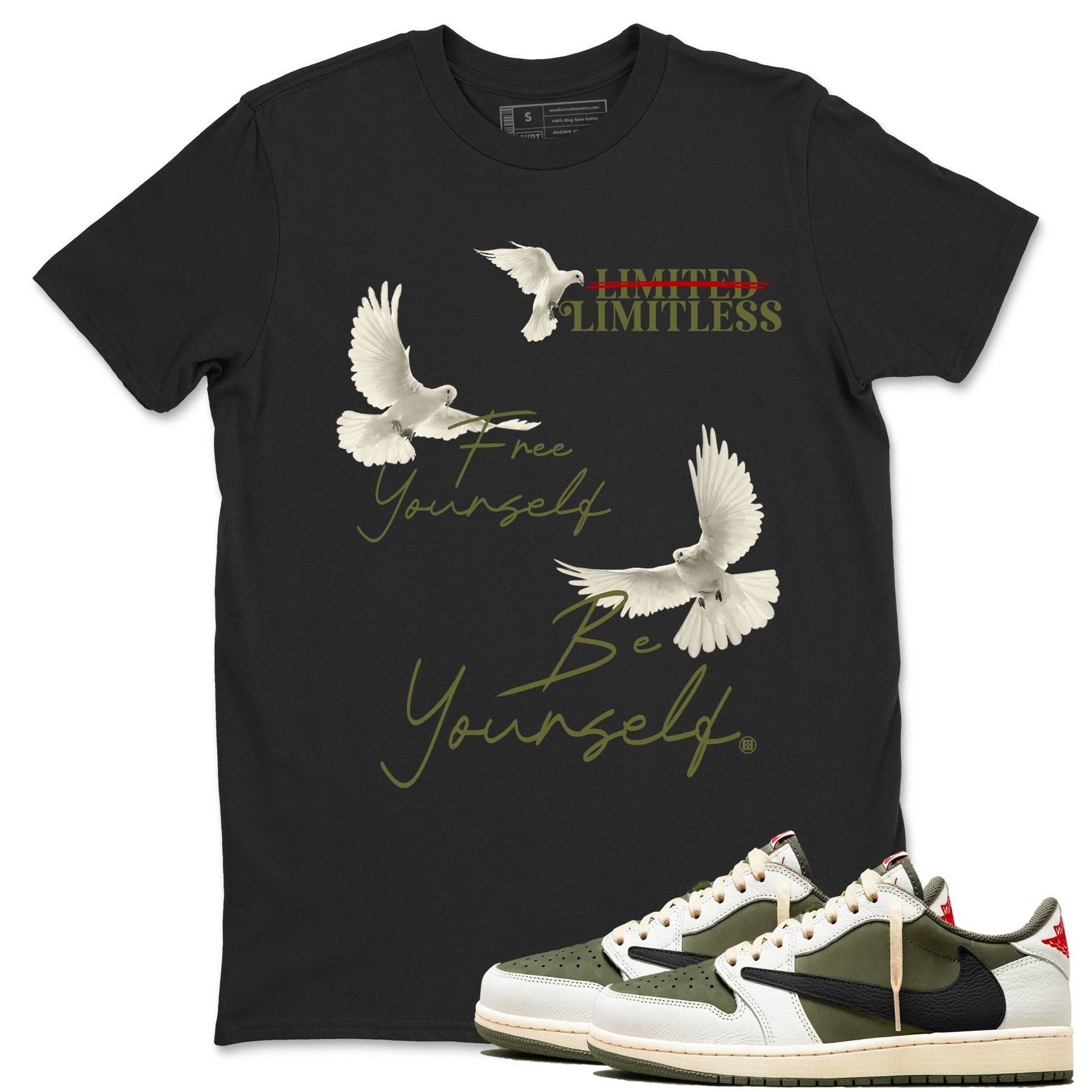 Jordan 1 Olive t shirts to match sneakers Free Yourself Be Yourself sneaker match tees Air Jordan 1 Low x Travis Scott Reverse Olive tee SNRT Sneaker Tees unisex cotton Black 1 shirts