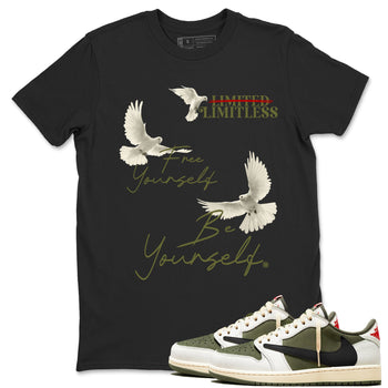 Jordan 1 Olive t shirts to match sneakers Free Yourself Be Yourself sneaker match tees Air Jordan 1 Low x Travis Scott Reverse Olive tee SNRT Sneaker Tees unisex cotton Black 1 shirts
