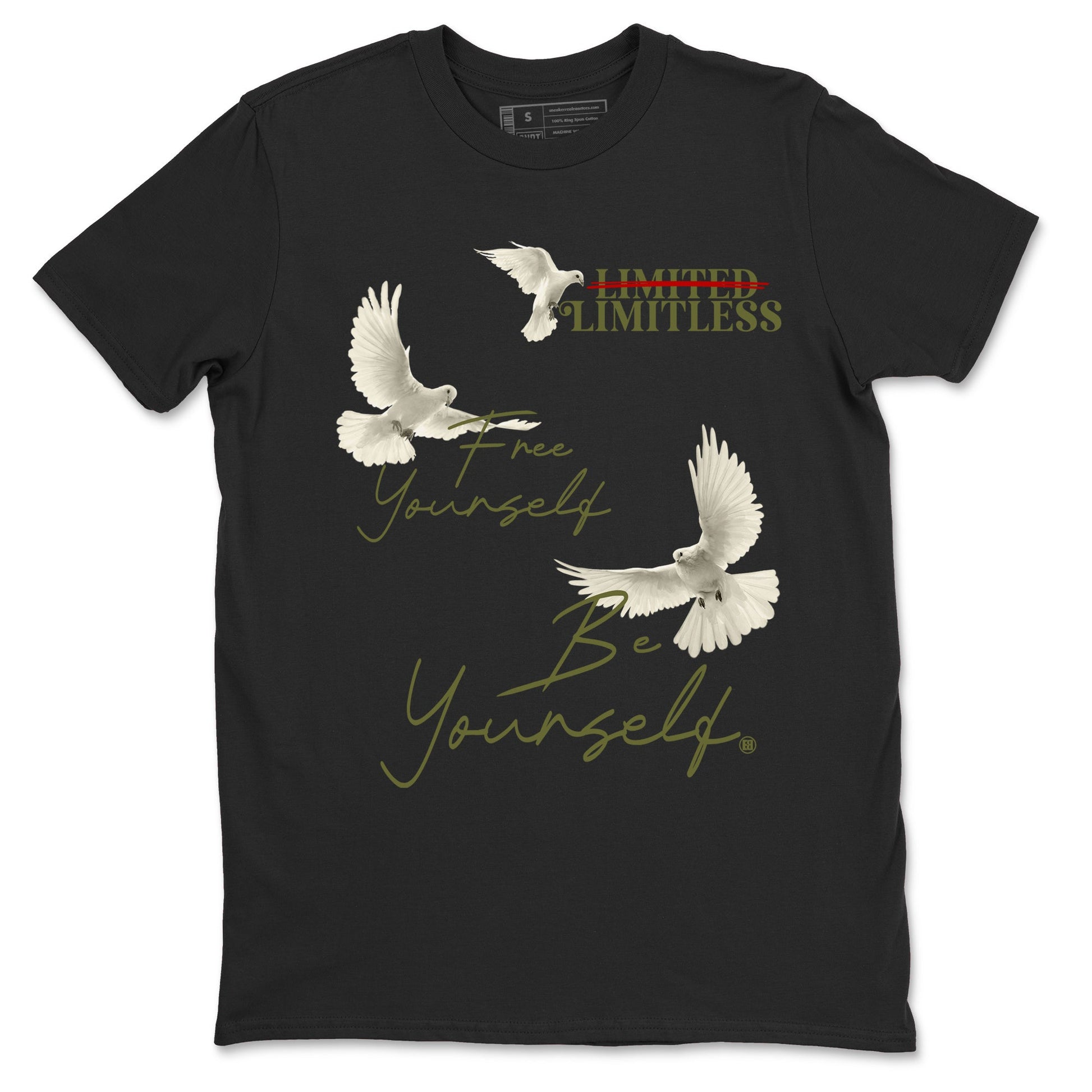 Jordan 1 Olive t shirts to match sneakers Free Yourself Be Yourself sneaker match tees Air Jordan 1 Low x Travis Scott Reverse Olive tee SNRT Sneaker Tees unisex cotton Black 2 shirts
