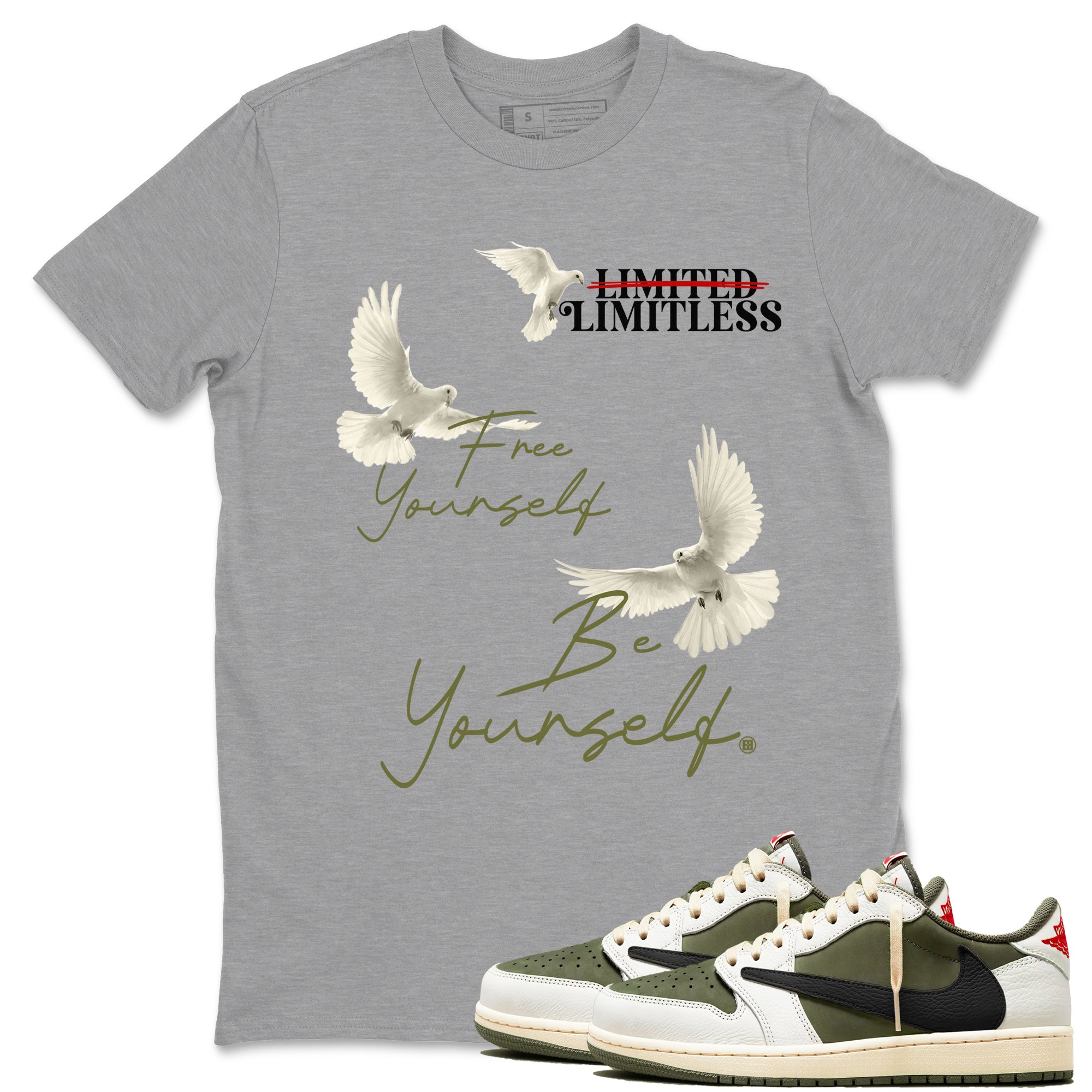 Jordan 1 Olive t shirts to match sneakers Free Yourself Be Yourself sneaker match tees Air Jordan 1 Low x Travis Scott Reverse Olive tee SNRT Sneaker Tees unisex cotton Heather Grey 1 shirts