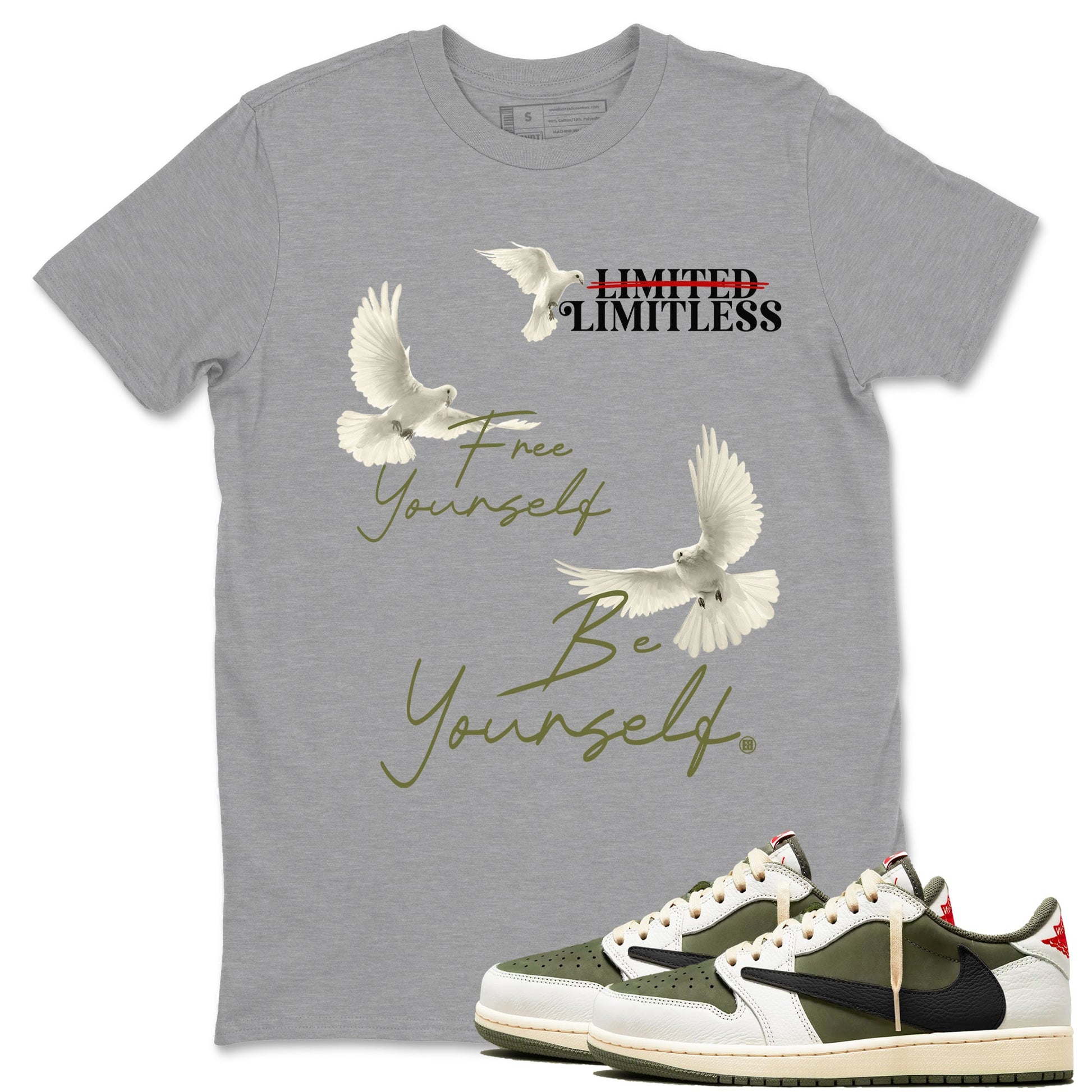 Jordan 1 Olive t shirts to match sneakers Free Yourself Be Yourself sneaker match tees Air Jordan 1 Low x Travis Scott Reverse Olive tee SNRT Sneaker Tees unisex cotton Heather Grey 1 shirts