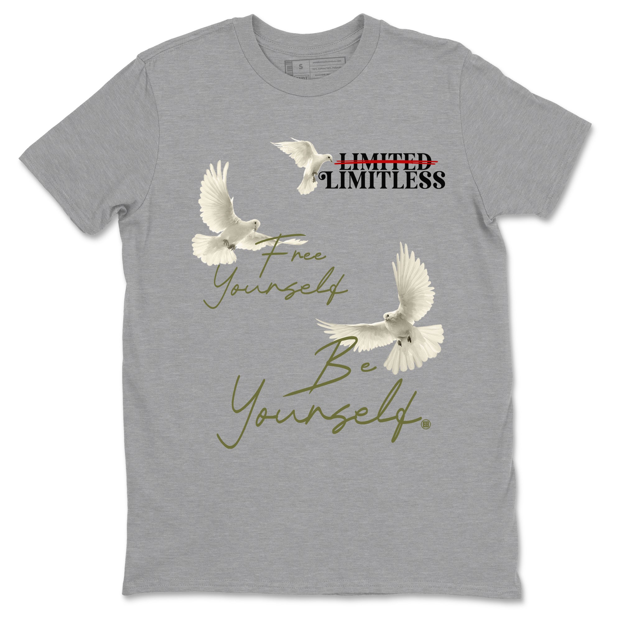 Jordan 1 Olive t shirts to match sneakers Free Yourself Be Yourself sneaker match tees Air Jordan 1 Low x Travis Scott Reverse Olive tee SNRT Sneaker Tees unisex cotton Heather Grey 2 shirts