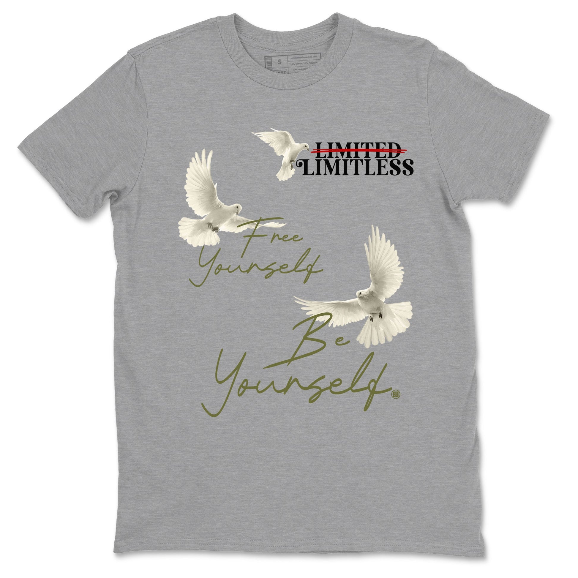 Jordan 1 Olive t shirts to match sneakers Free Yourself Be Yourself sneaker match tees Air Jordan 1 Low x Travis Scott Reverse Olive tee SNRT Sneaker Tees unisex cotton Heather Grey 2 shirts