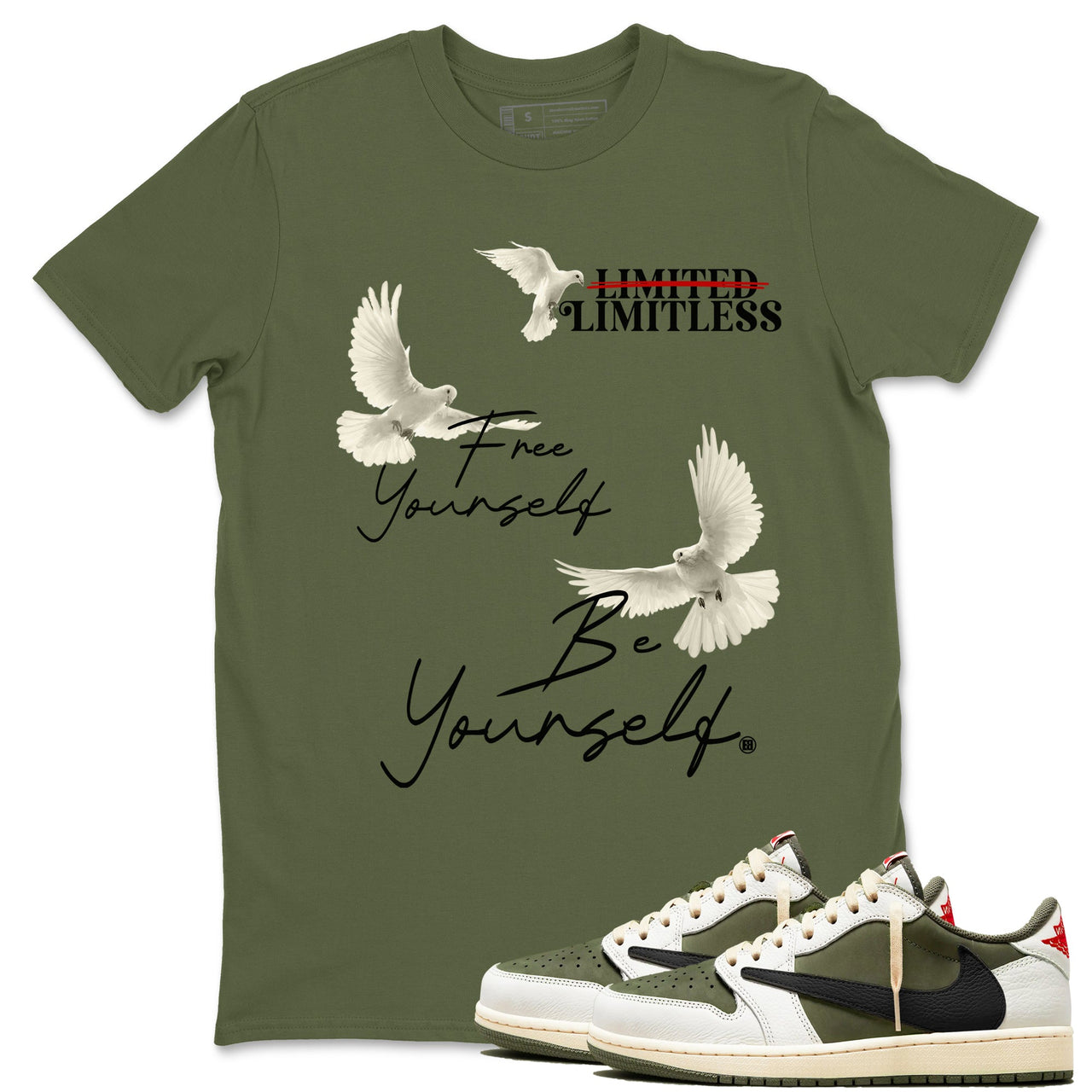 Jordan 1 Olive t shirts to match sneakers Free Yourself Be Yourself sneaker match tees Air Jordan 1 Low x Travis Scott Reverse Olive tee SNRT Sneaker Tees unisex cotton Military Green 1 shirts