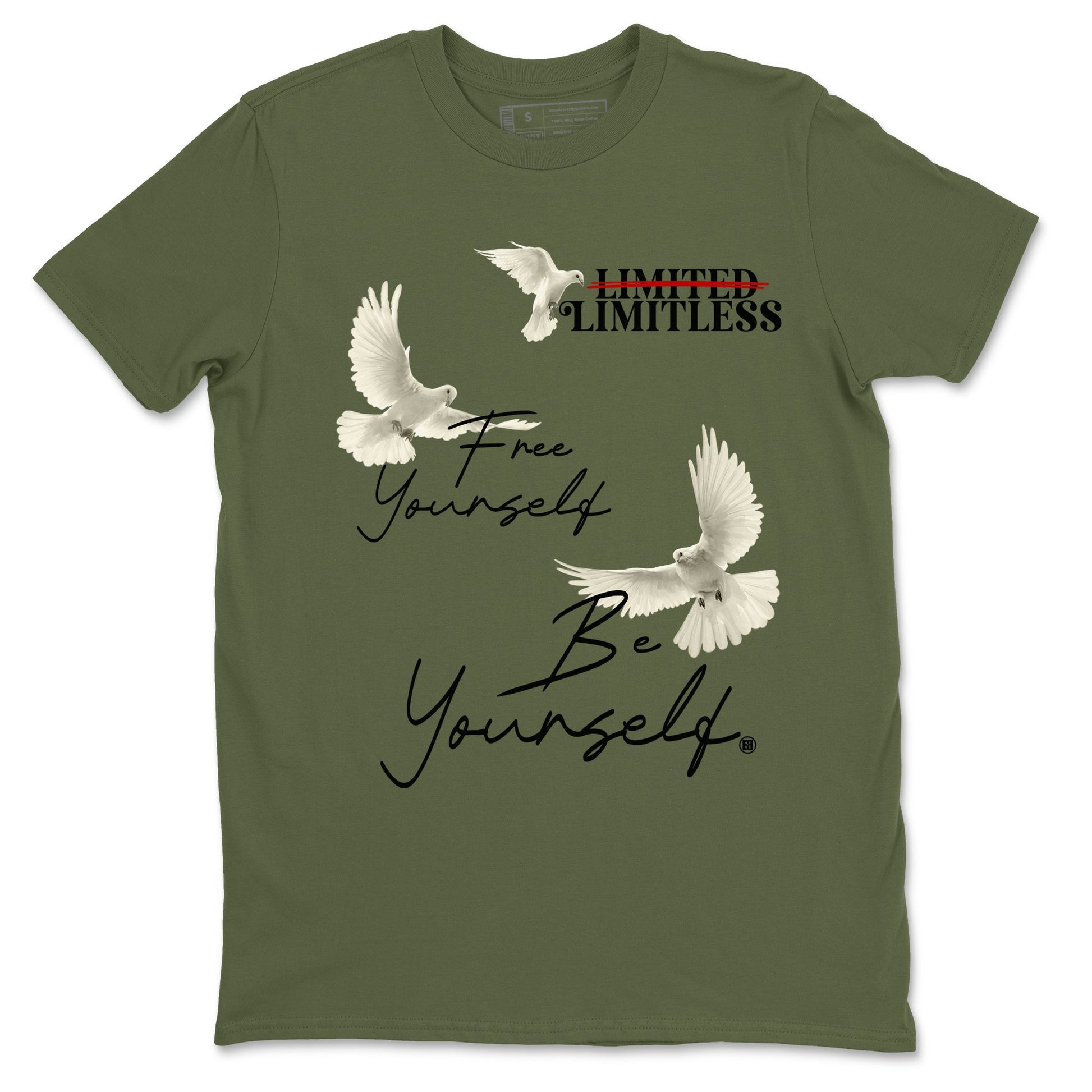 Jordan 1 Olive t shirts to match sneakers Free Yourself Be Yourself sneaker match tees Air Jordan 1 Low x Travis Scott Reverse Olive tee SNRT Sneaker Tees unisex cotton Military Green 2 shirts
