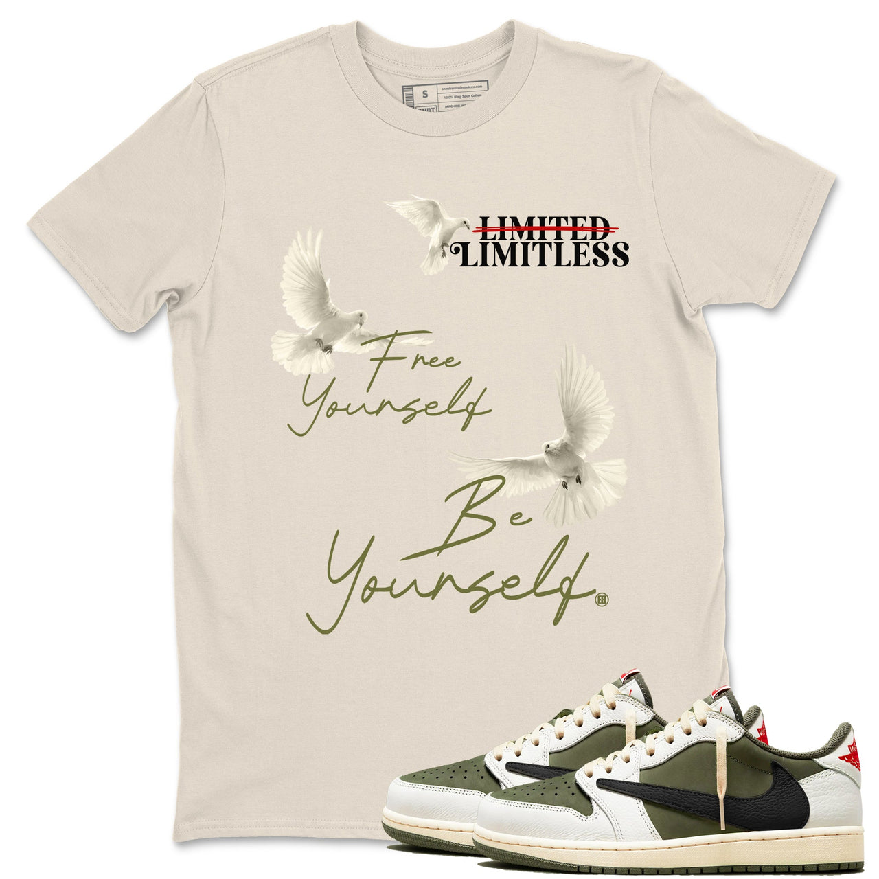 Jordan 1 Olive t shirts to match sneakers Free Yourself Be Yourself sneaker match tees Air Jordan 1 Low x Travis Scott Reverse Olive tee SNRT Sneaker Tees unisex cotton Military Green 1 shirts