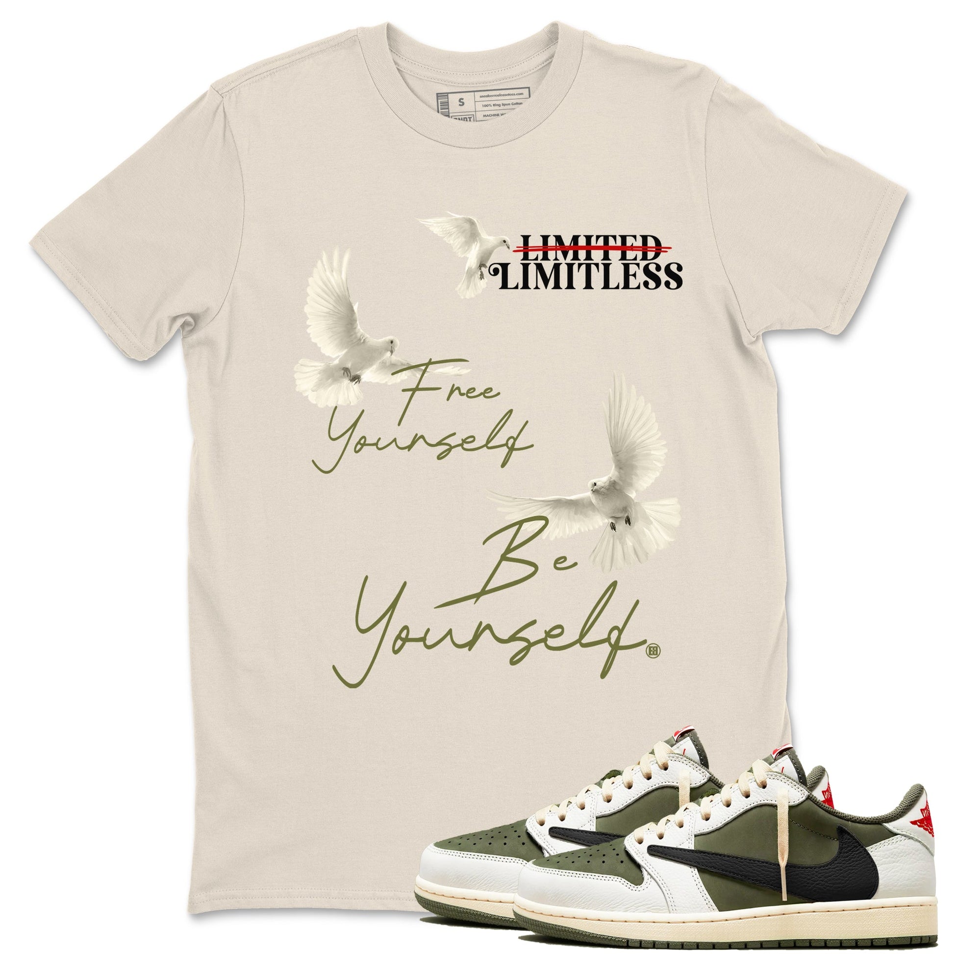Jordan 1 Olive t shirts to match sneakers Free Yourself Be Yourself sneaker match tees Air Jordan 1 Low x Travis Scott Reverse Olive tee SNRT Sneaker Tees unisex cotton Natural 1 shirts