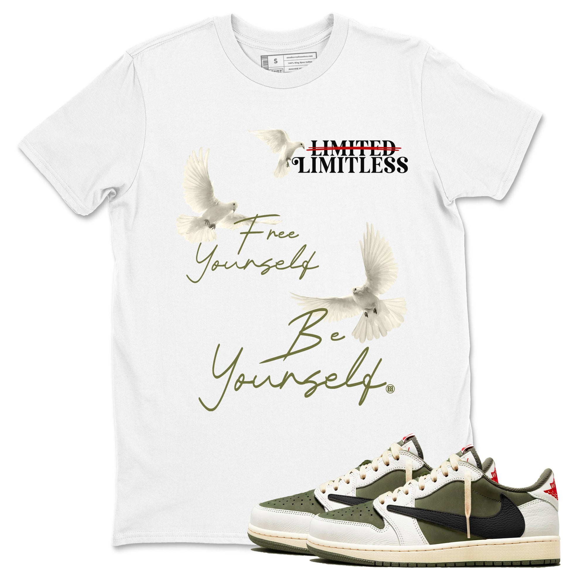 Jordan 1 Olive t shirts to match sneakers Free Yourself Be Yourself sneaker match tees Air Jordan 1 Low x Travis Scott Reverse Olive tee SNRT Sneaker Tees unisex cotton White 1 shirts