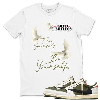Jordan 1 Olive t shirts to match sneakers Free Yourself Be Yourself sneaker match tees Air Jordan 1 Low x Travis Scott Reverse Olive tee SNRT Sneaker Tees unisex cotton White 1 shirts