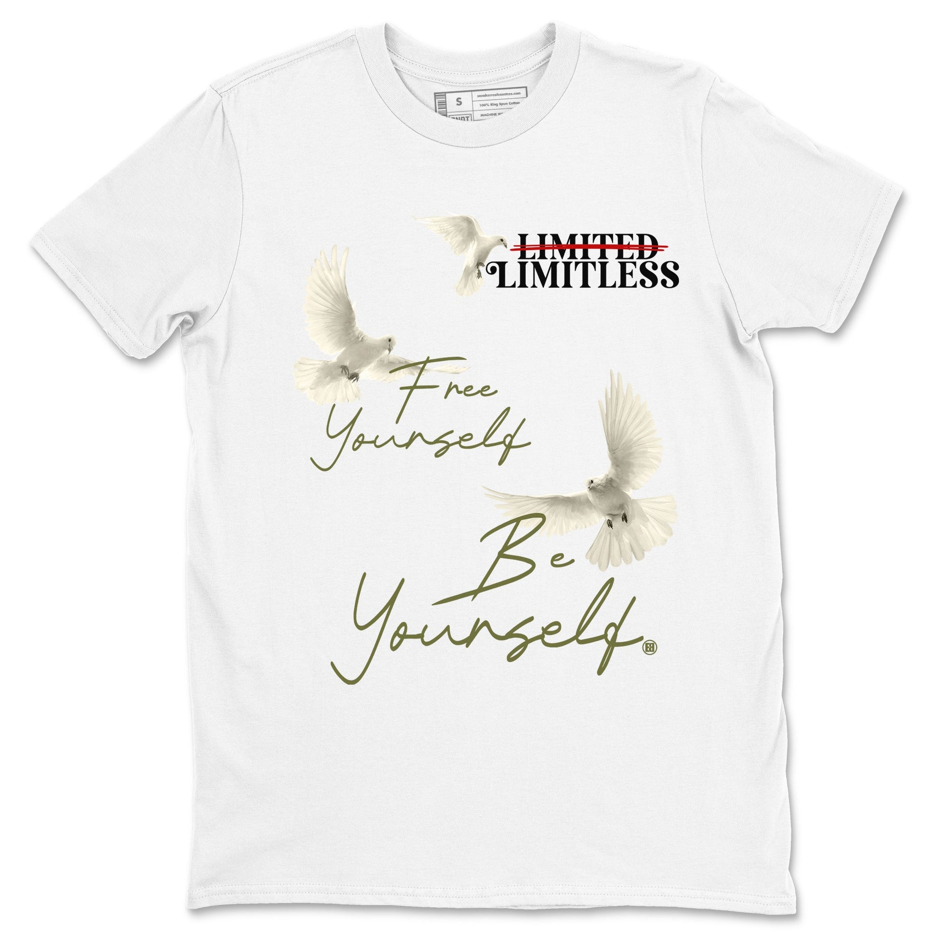 Jordan 1 Olive t shirts to match sneakers Free Yourself Be Yourself sneaker match tees Air Jordan 1 Low x Travis Scott Reverse Olive tee SNRT Sneaker Tees unisex cotton White 2 shirts
