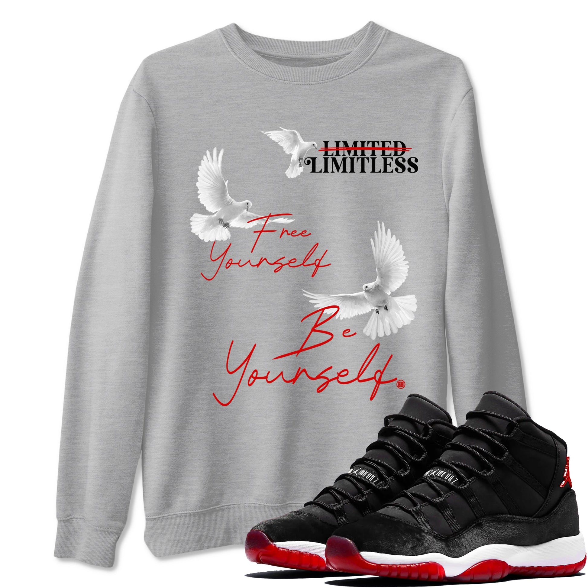 11s Bred Velvet shirts to match jordans Free Yourself Be Yourself sneaker match tees Air Jordan 11 Bred Velvet match shoes to clothes SNRT Sneaker Tees unisex cotton Heather Grey 1 shirts