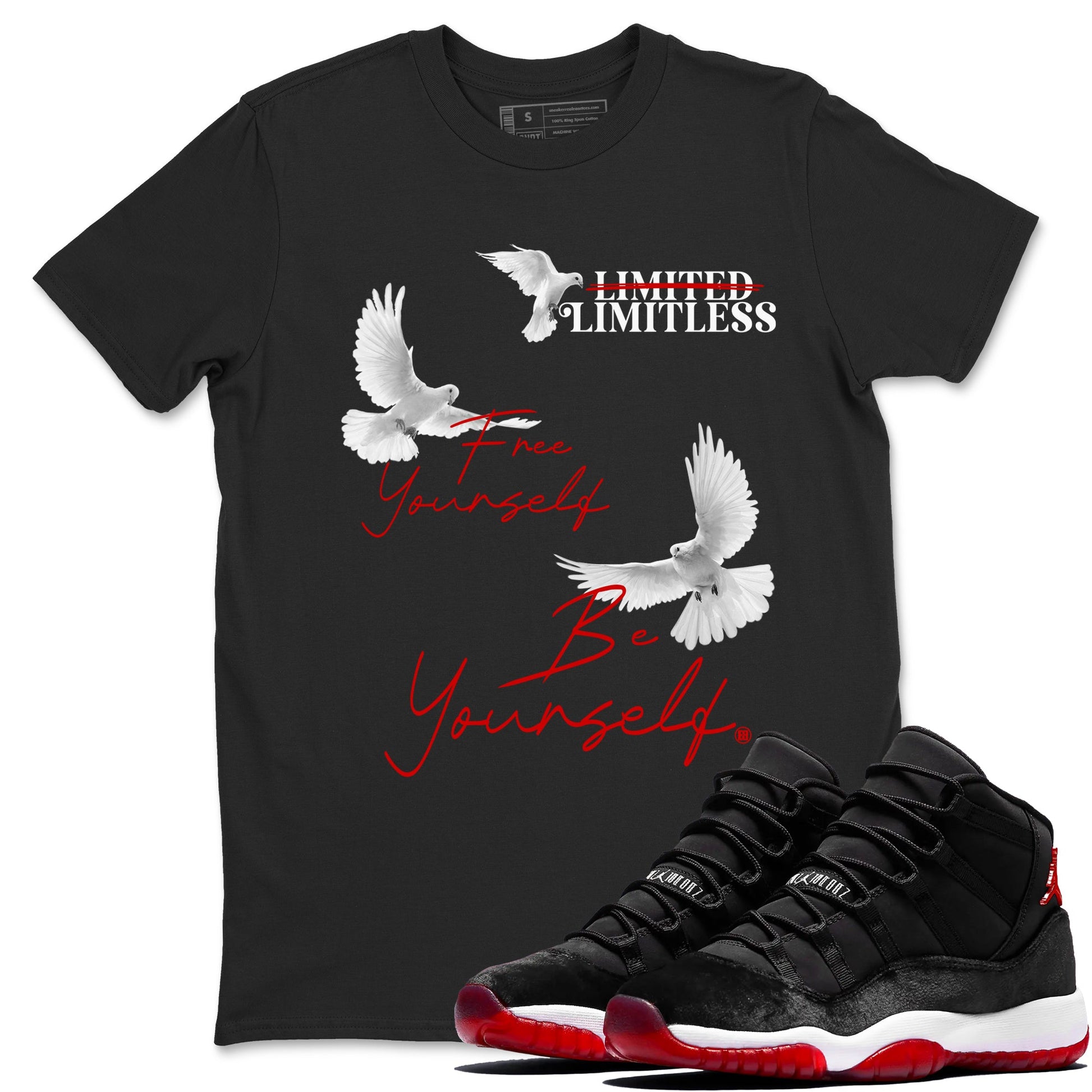 11s Bred Velvet shirts to match jordans Free Yourself Be Yourself sneaker match tees Air Jordan 11 Bred Velvet match shoes to clothes SNRT Sneaker Tees unisex cotton Black 1 shirts