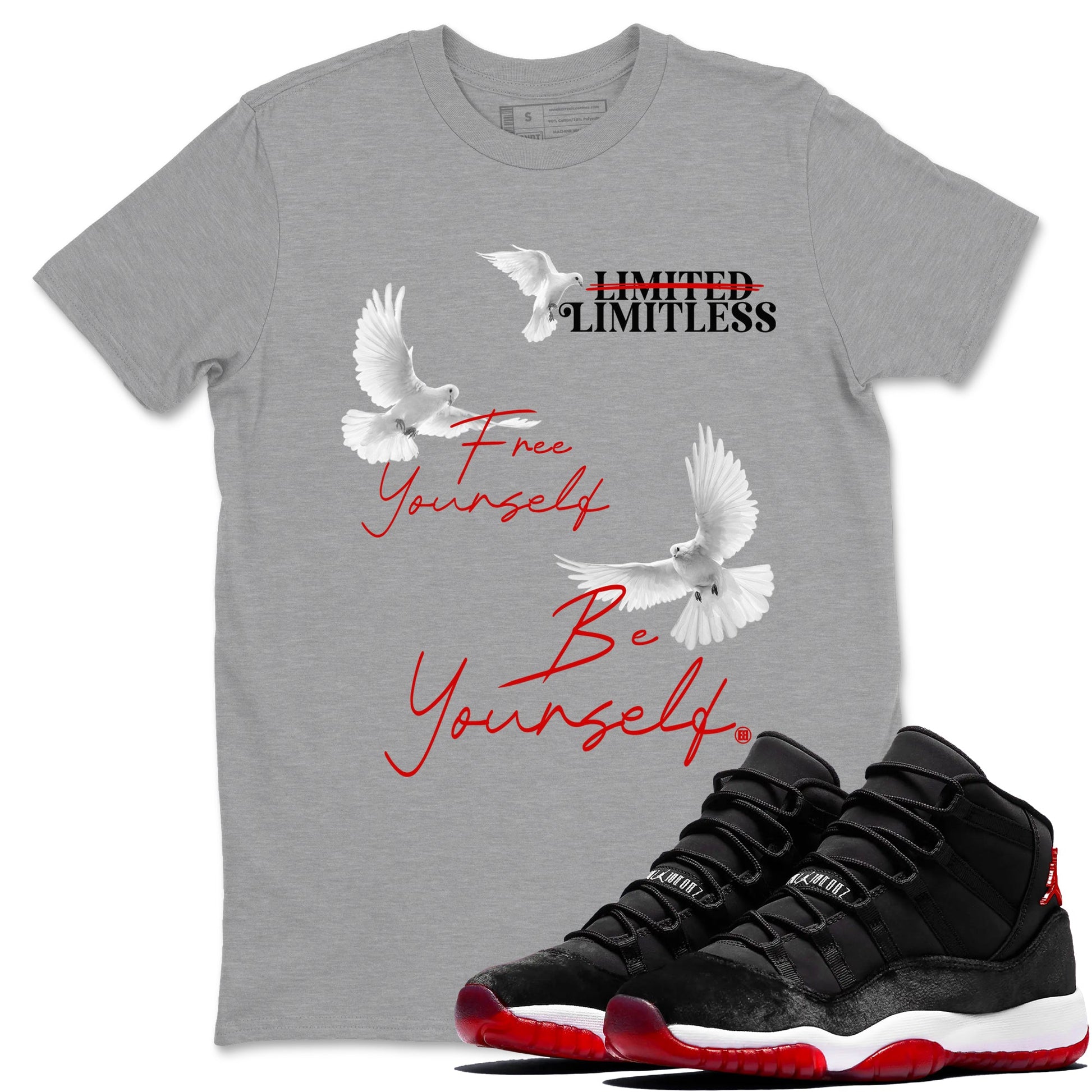 11s Bred Velvet shirts to match jordans Free Yourself Be Yourself sneaker match tees Air Jordan 11 Bred Velvet match shoes to clothes SNRT Sneaker Tees unisex cotton Heather Grey 1 shirts