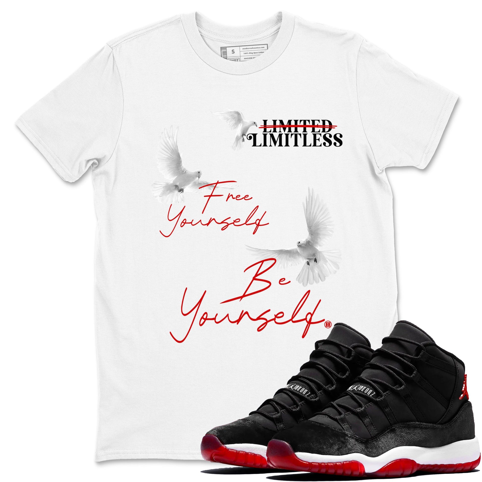 11s Bred Velvet shirts to match jordans Free Yourself Be Yourself sneaker match tees Air Jordan 11 Bred Velvet match shoes to clothes SNRT Sneaker Tees unisex cotton White 1 shirts