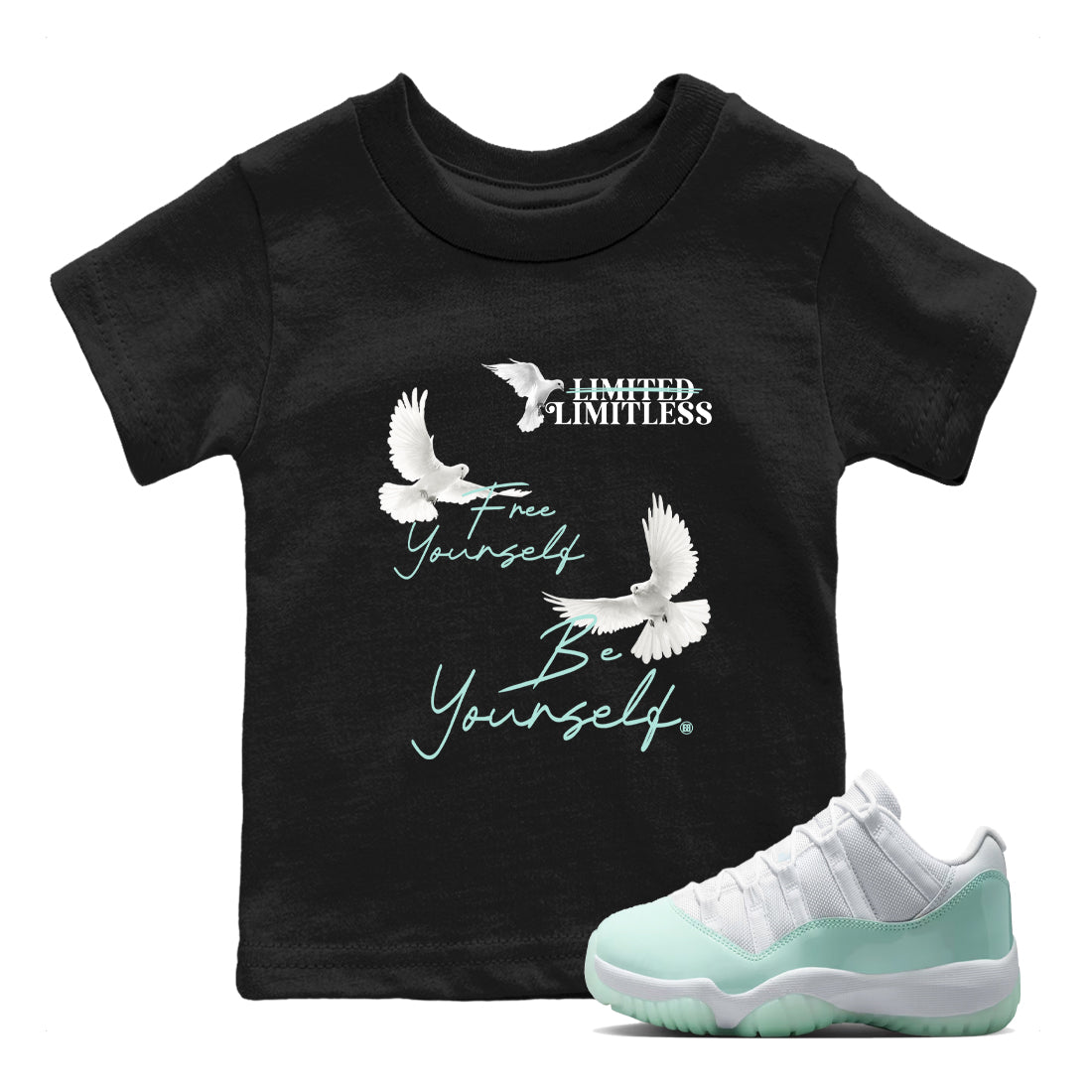 Free Yourself Be Yourself baby and kids t-shirt crafted for little sneakerheads to shine with the Air Jordan 11 Igloo sneakers, displayed in Black 1.