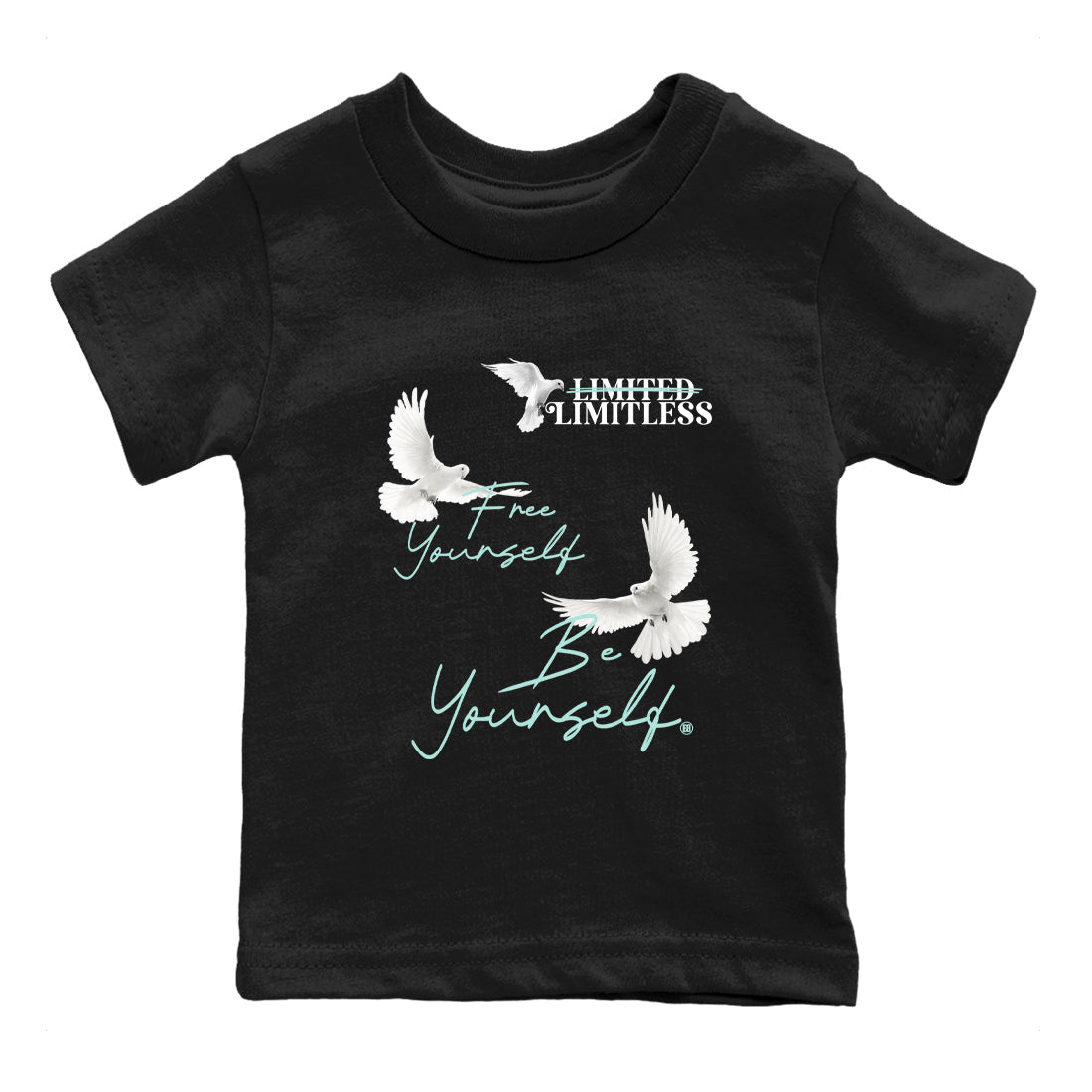 Free Yourself Be Yourself baby and kids t-shirt crafted for little sneakerheads to shine with the Air Jordan 11 Igloo sneakers, displayed in Black 2.