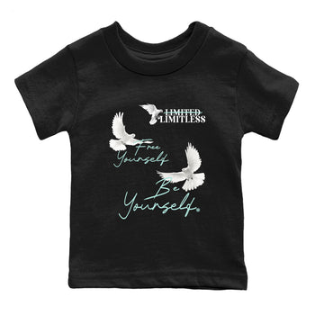 Free Yourself Be Yourself baby and kids t-shirt crafted for little sneakerheads to shine with the Air Jordan 11 Igloo sneakers, displayed in Black 2.