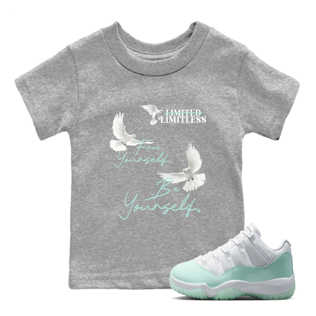 Free Yourself Be Yourself baby and kids t-shirt crafted for little sneakerheads to shine with the Air Jordan 11 Igloo sneakers, displayed in Heather Grey 1.