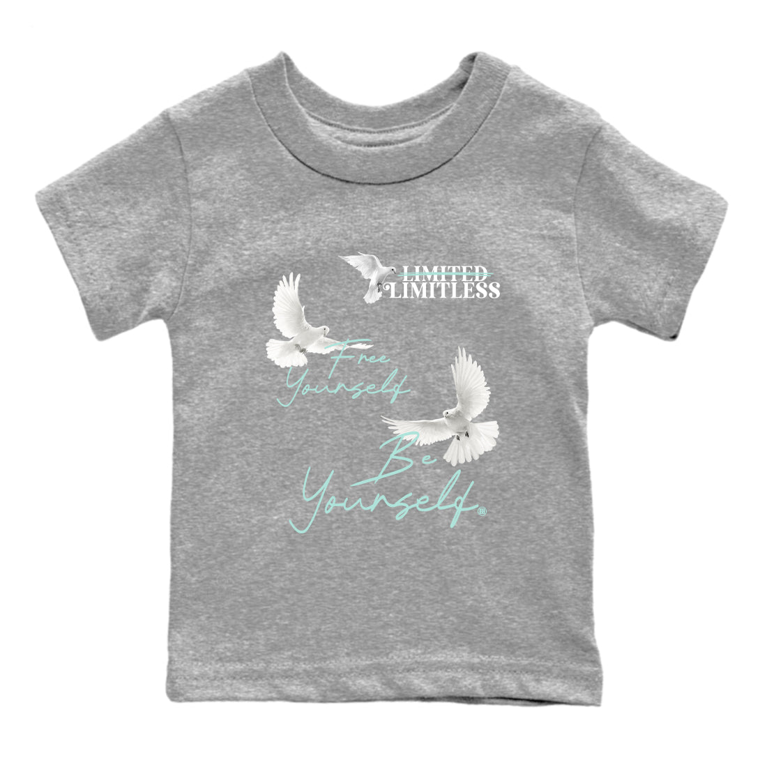 Free Yourself Be Yourself baby and kids t-shirt crafted for little sneakerheads to shine with the Air Jordan 11 Igloo sneakers, displayed in Heather Grey 2.