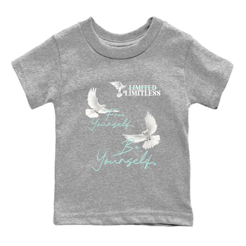 Free Yourself Be Yourself baby and kids t-shirt crafted for little sneakerheads to shine with the Air Jordan 11 Igloo sneakers, displayed in Heather Grey 2.