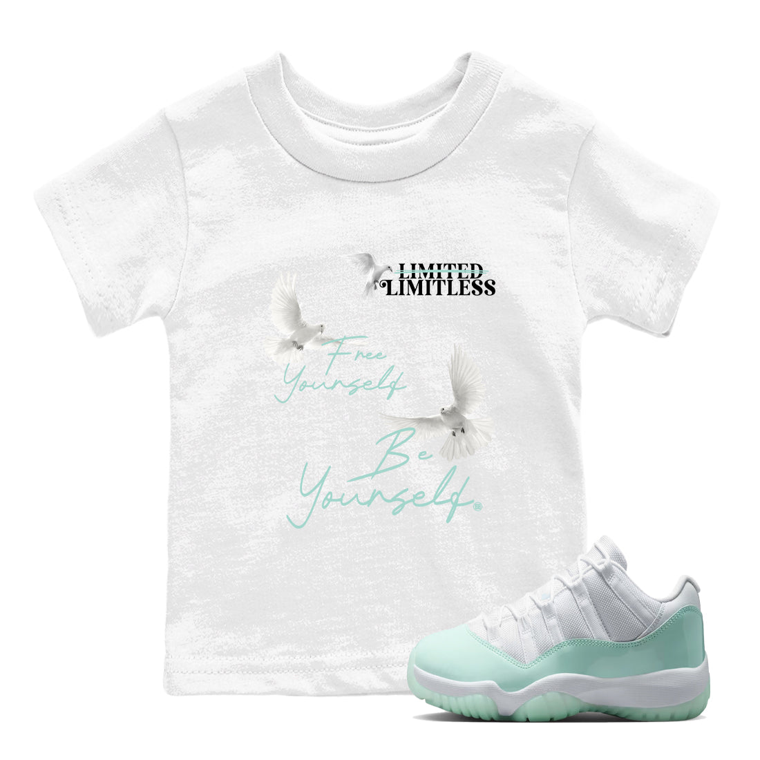 Free Yourself Be Yourself baby and kids t-shirt crafted for little sneakerheads to shine with the Air Jordan 11 Igloo sneakers, displayed in White 1.
