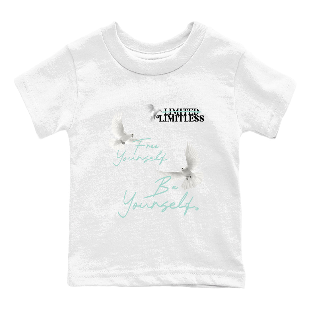 Free Yourself Be Yourself baby and kids t-shirt crafted for little sneakerheads to shine with the Air Jordan 11 Igloo sneakers, displayed in White 2.