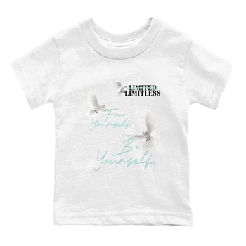 Free Yourself Be Yourself baby and kids t-shirt crafted for little sneakerheads to shine with the Air Jordan 11 Igloo sneakers, displayed in White 2.