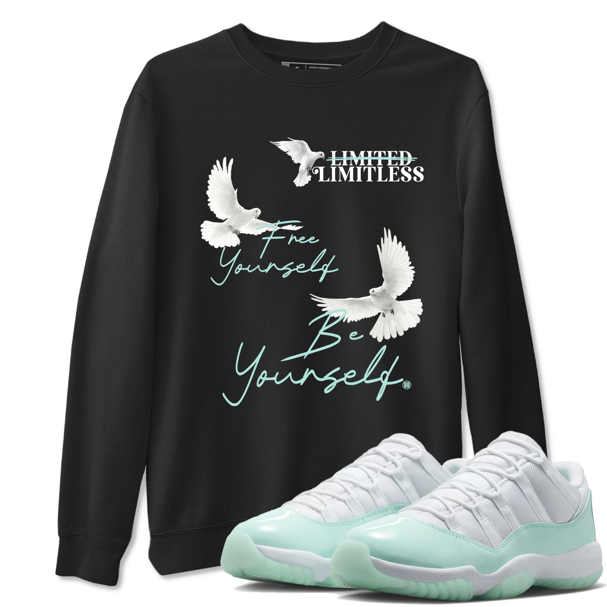 Free Yourself Be Yourself sneaker match t-shirt styled to complete your fit with the Air Jordan 11 Igloo sneakers, shown in Black 1.