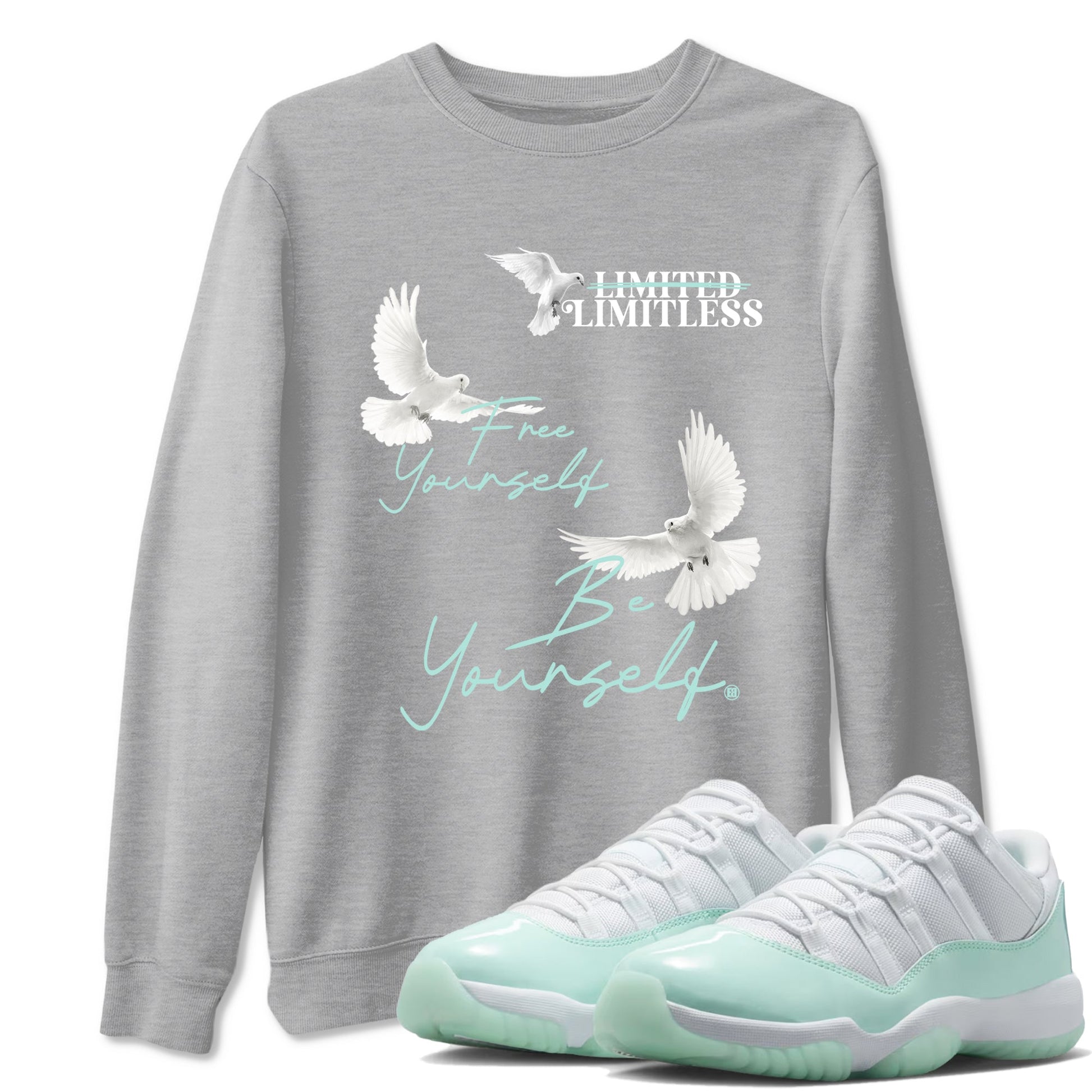Free Yourself Be Yourself sneaker match t-shirt styled to complete your fit with the Air Jordan 11 Igloo sneakers, shown in Heather Grey 1.