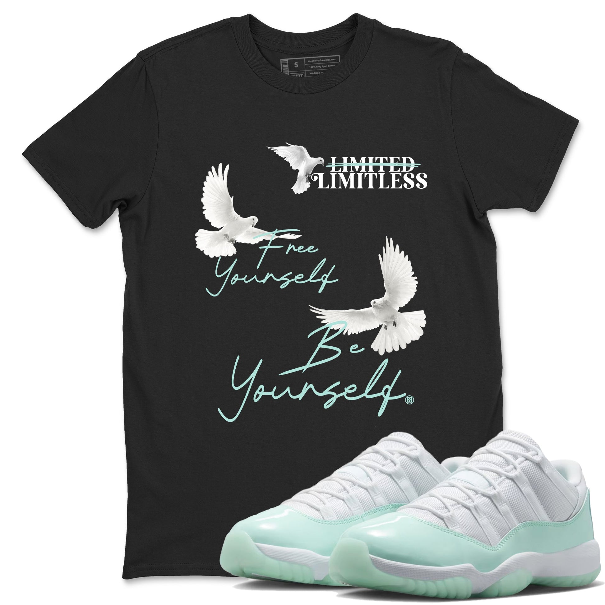 Free Yourself Be Yourself sneaker match t-shirt styled to complete your fit with the Air Jordan 11 Igloo sneakers, shown in Black 1.