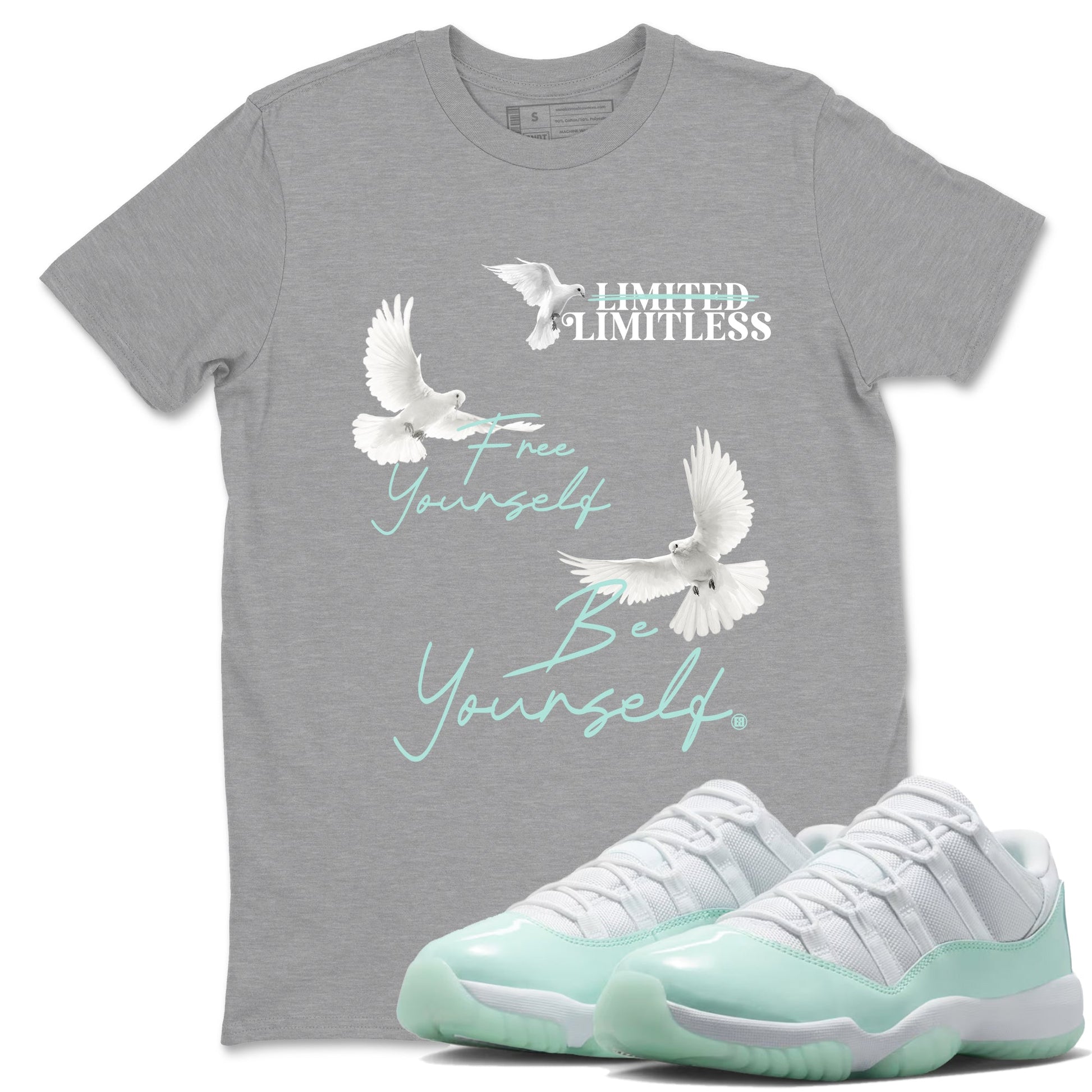 Free Yourself Be Yourself sneaker match t-shirt styled to complete your fit with the Air Jordan 11 Igloo sneakers, shown in Heather Grey 1.