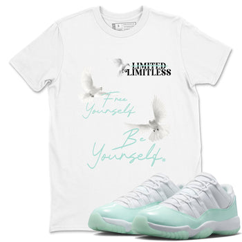 Free Yourself Be Yourself sneaker match t-shirt styled to complete your fit with the Air Jordan 11 Igloo sneakers, shown in White 1.