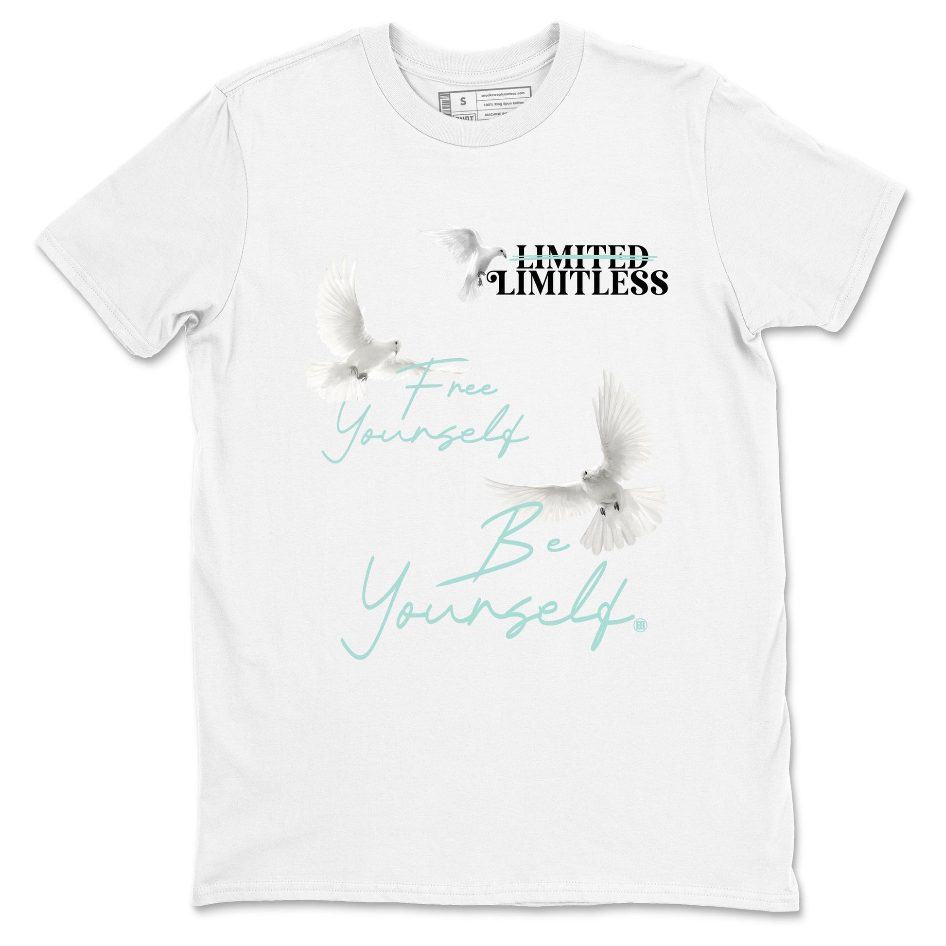 Free Yourself Be Yourself sneaker match t-shirt styled to complete your fit with the Air Jordan 11 Igloo sneakers, shown in White 2.